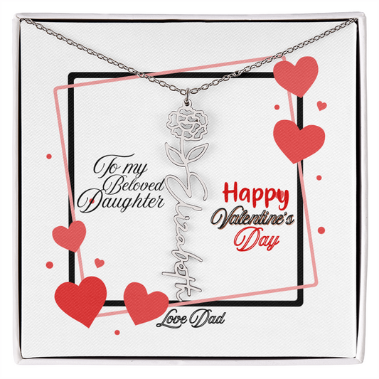 Happy Valentine's Day Custom Birth Flower Name Necklace- a Gift for your Daughter.