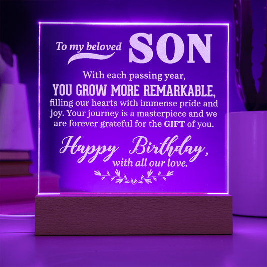 To a Beloved Son Happy Birthday Engraved Acrylic Square Plaque- a Gift for a Beloved Son