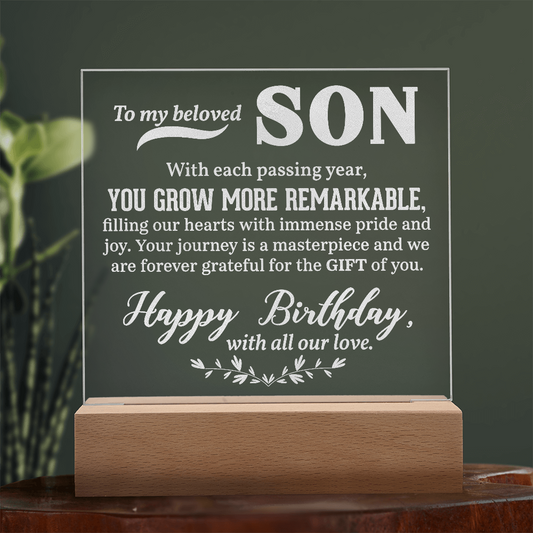 To a Beloved Son Happy Birthday Engraved Acrylic Square Plaque- a Gift for a Beloved Son