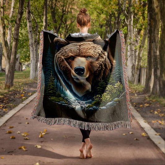 A Bear Illustration Heirloom Woven Blanket.