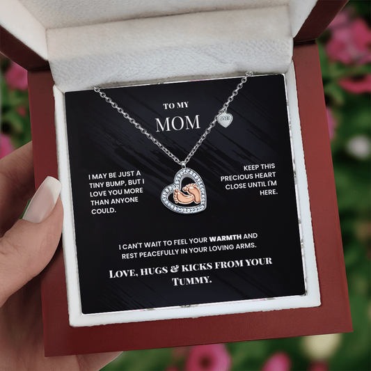 Mom, Happy Mother's Day from your Baby Bump Baby Feet Heart Necklace.