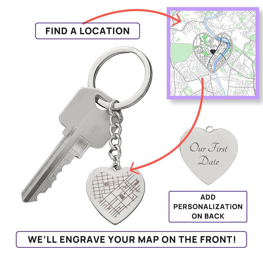 Engraved Heart Map Keychain a gift for Husband/Wife