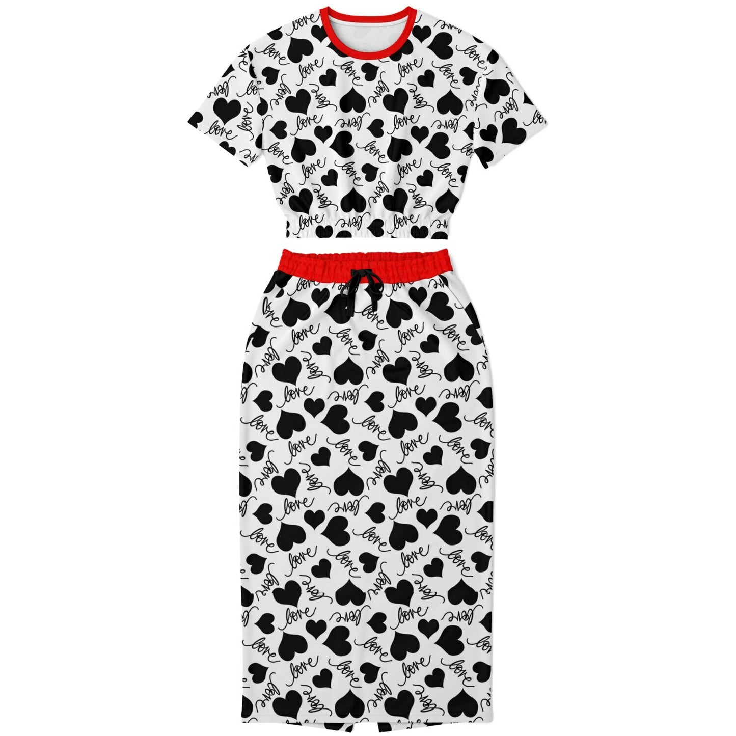 LOVE & HEARTS Athletic Cropped Short Sleeve Sweatshirt and Long Pocket Skirt Set – AOP