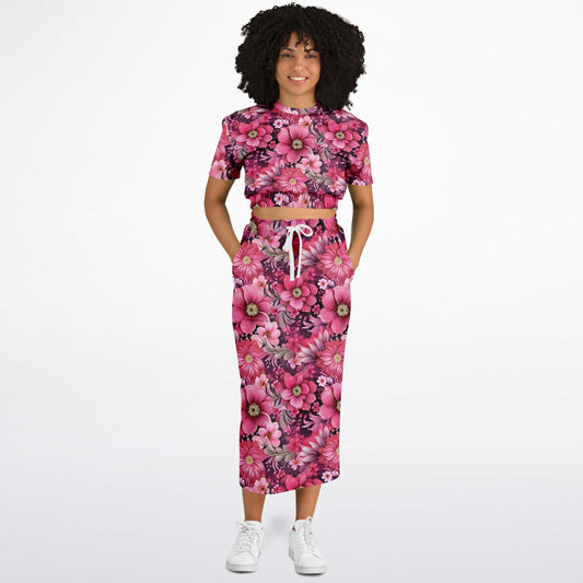 Peony Dreams Fashion Cropped Short Sleeve Sweatshirt and Long Pocket Skirt Set – AOP