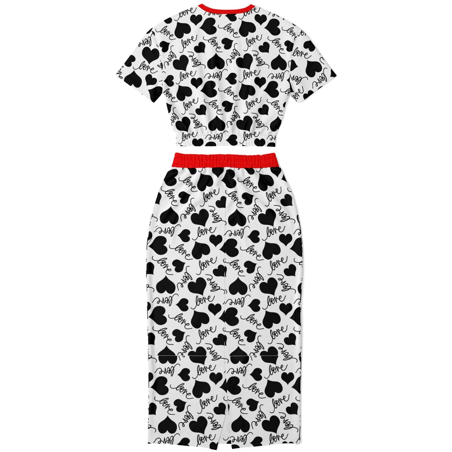 LOVE & HEARTS Athletic Cropped Short Sleeve Sweatshirt and Long Pocket Skirt Set – AOP