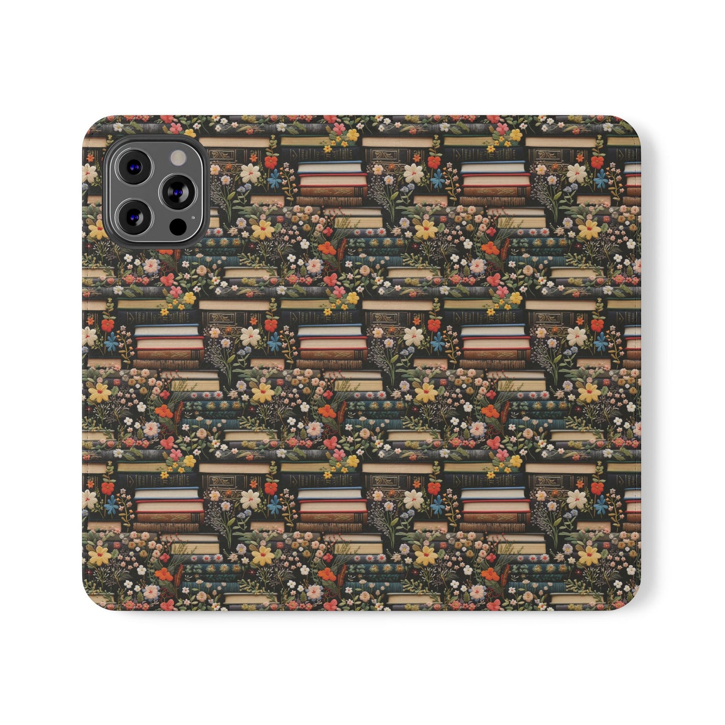 Book Stack Floral Flip iPhone and Samsung Phone Case — Vintage Library Wallet Cover.