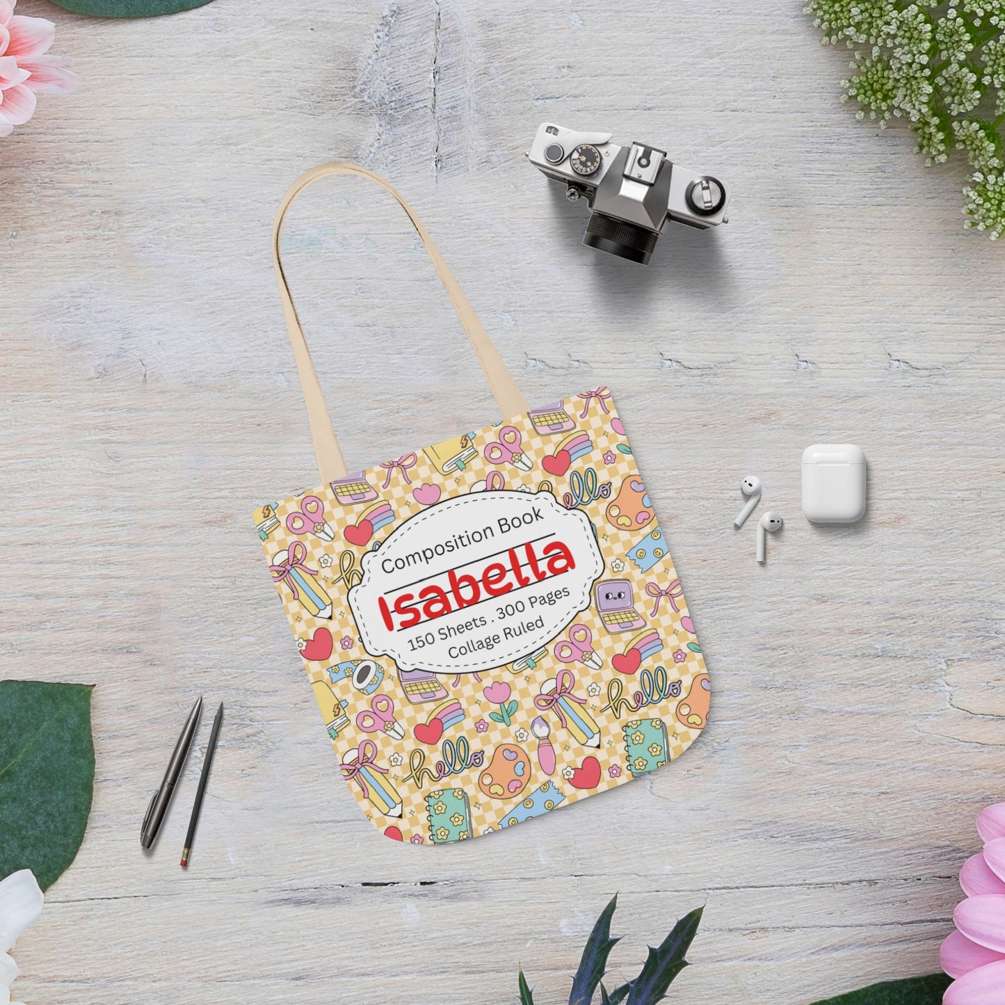 Personalized Doodle Daydream Composition Book Inspired Canvas Tote Bag with Colorful Straps, Cute School Bag, Eco-Friendly Tote, Back to School Shopping Bag, Teacher Gift Idea