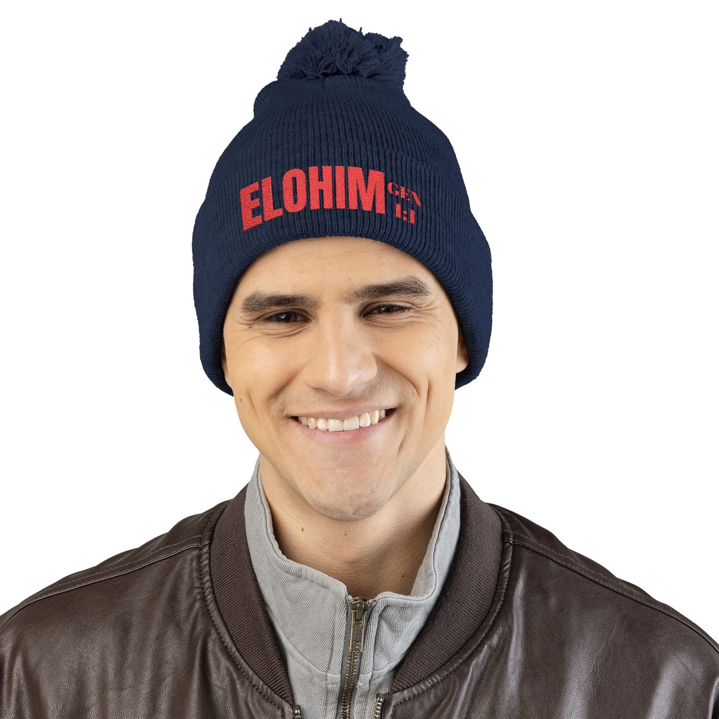 Red Pom-Pom Knit Cap with 'ELOHIM, GENESIS 1:1'  Embroidery Beanie - Stylish Winter Accessory for All Ages, Perfect Gift for Birthdays, Holidays, and Outdoor Activities
