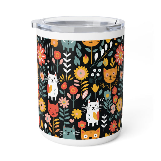 Whimsical Feline Garden Insulated Coffee Mug, 10oz