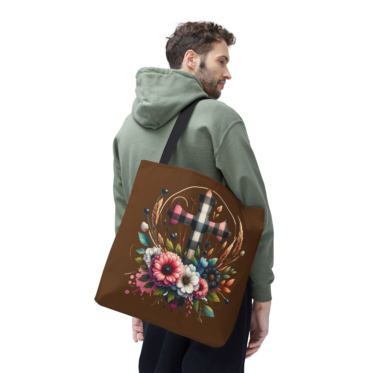 Faith and Floral Cross Heart Tote Bag