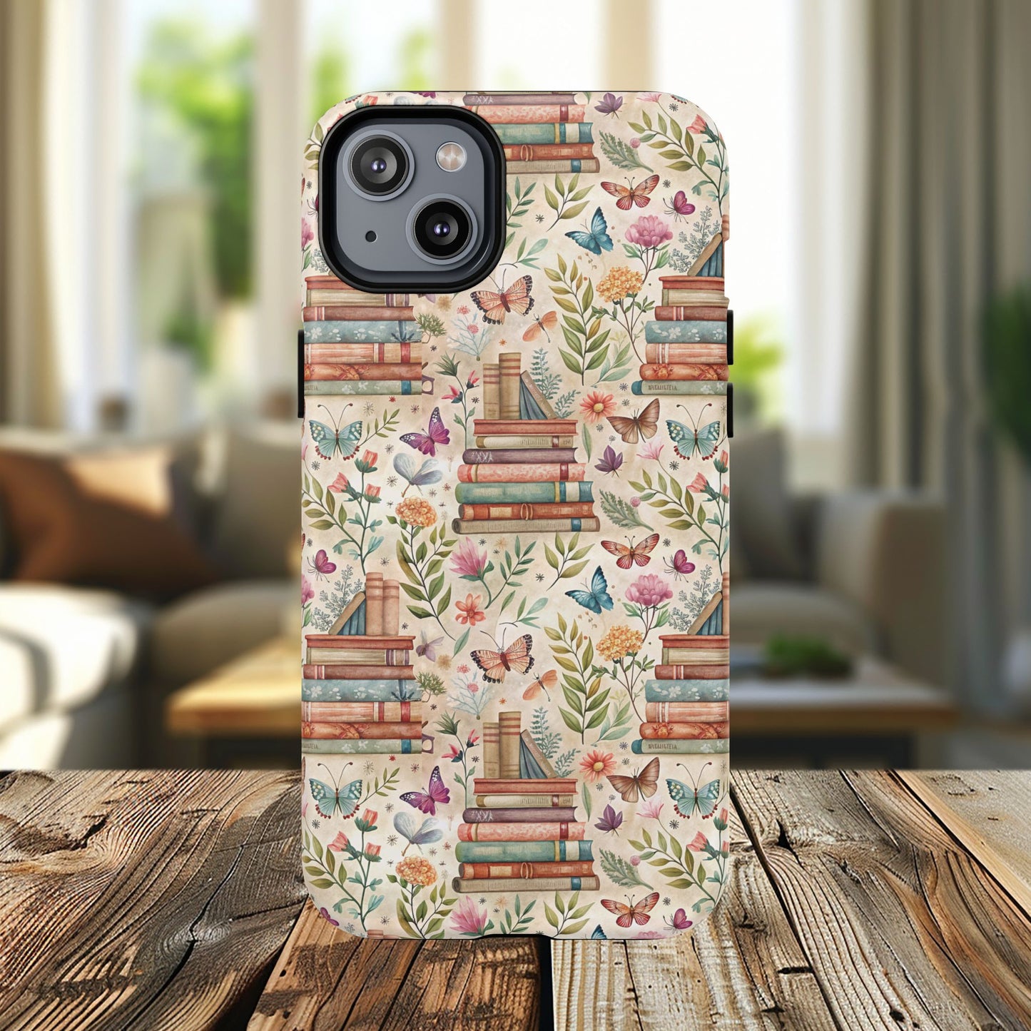 Colorful Bookworm Tough Magnetic iPhone Case,  Floral Butterfly Print, Gift for Readers, Tough IPhone Protective Cover, Bookish iPhone Case.