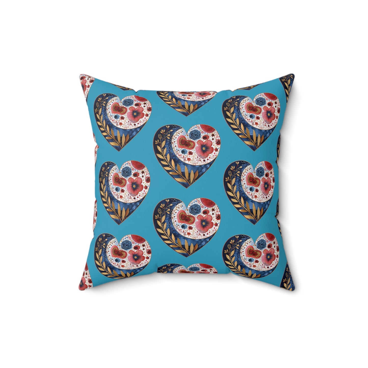 Turquoise Floral Heart Spun Polyester Square Pillow