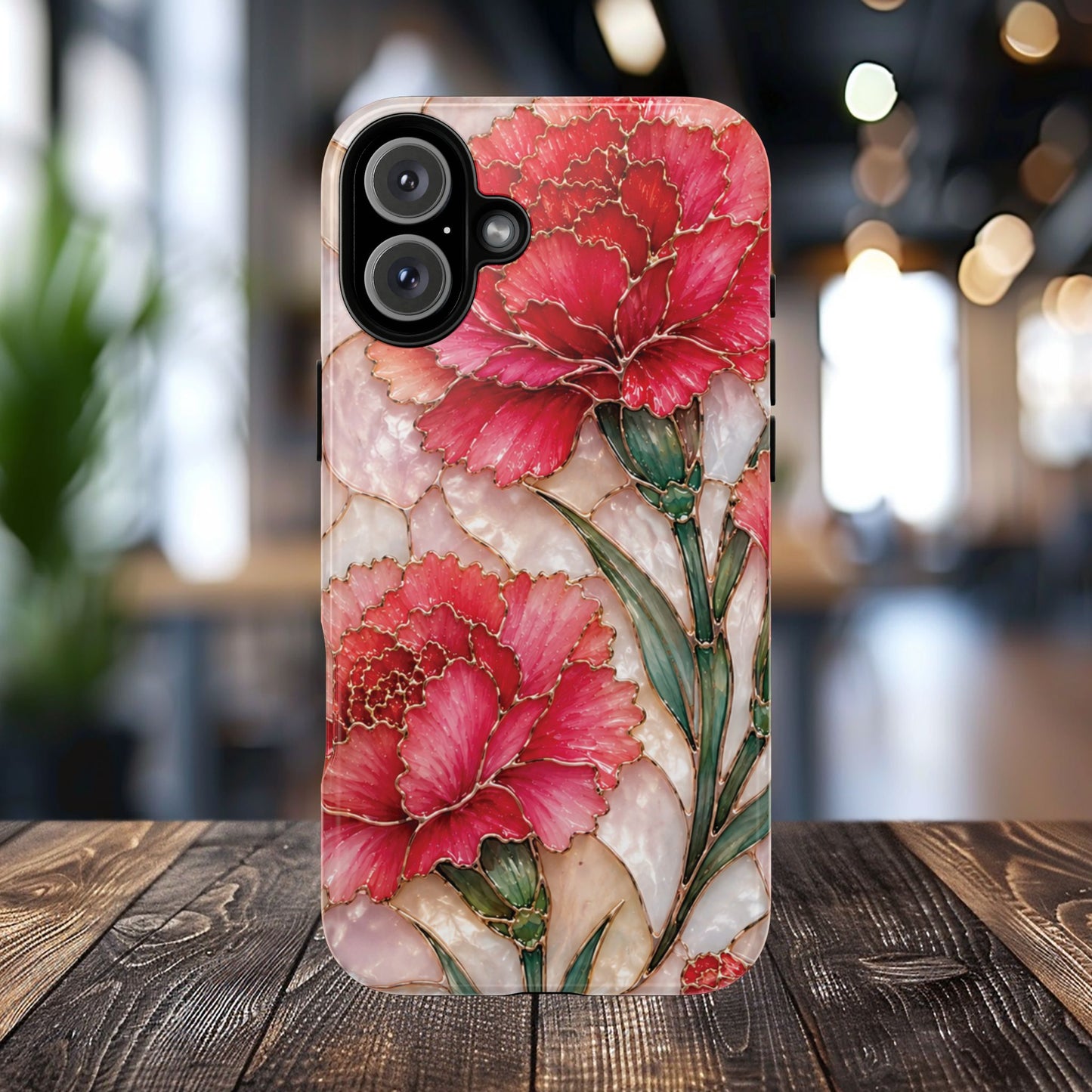 Stained Glass Effect Carnation Floral Tough Phone Case – Pink Vintage Botanical Protective Cover