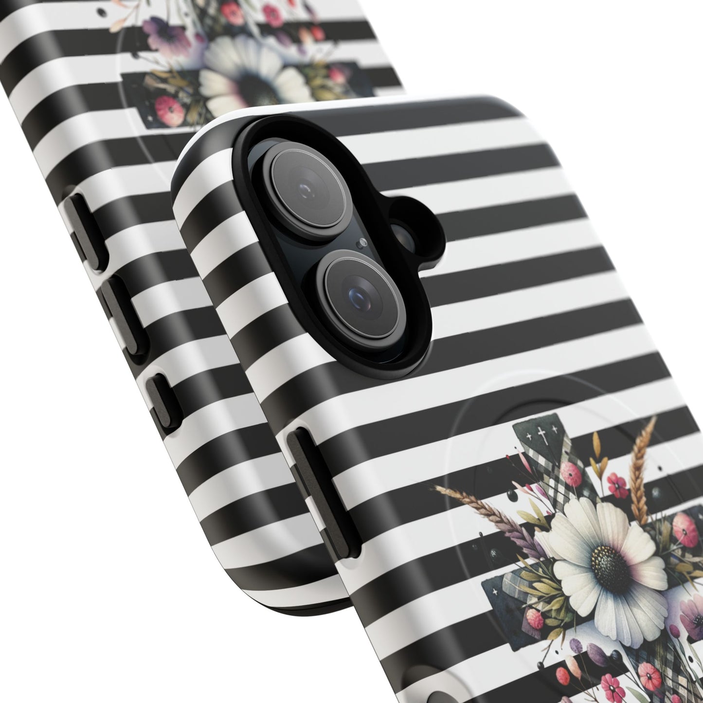 Faith in Bloom Tough iPhone Magnetic Case, iPhone Accessories, Floral iPhone Cover, Durable Cases for Gifts, Black and White Stripes