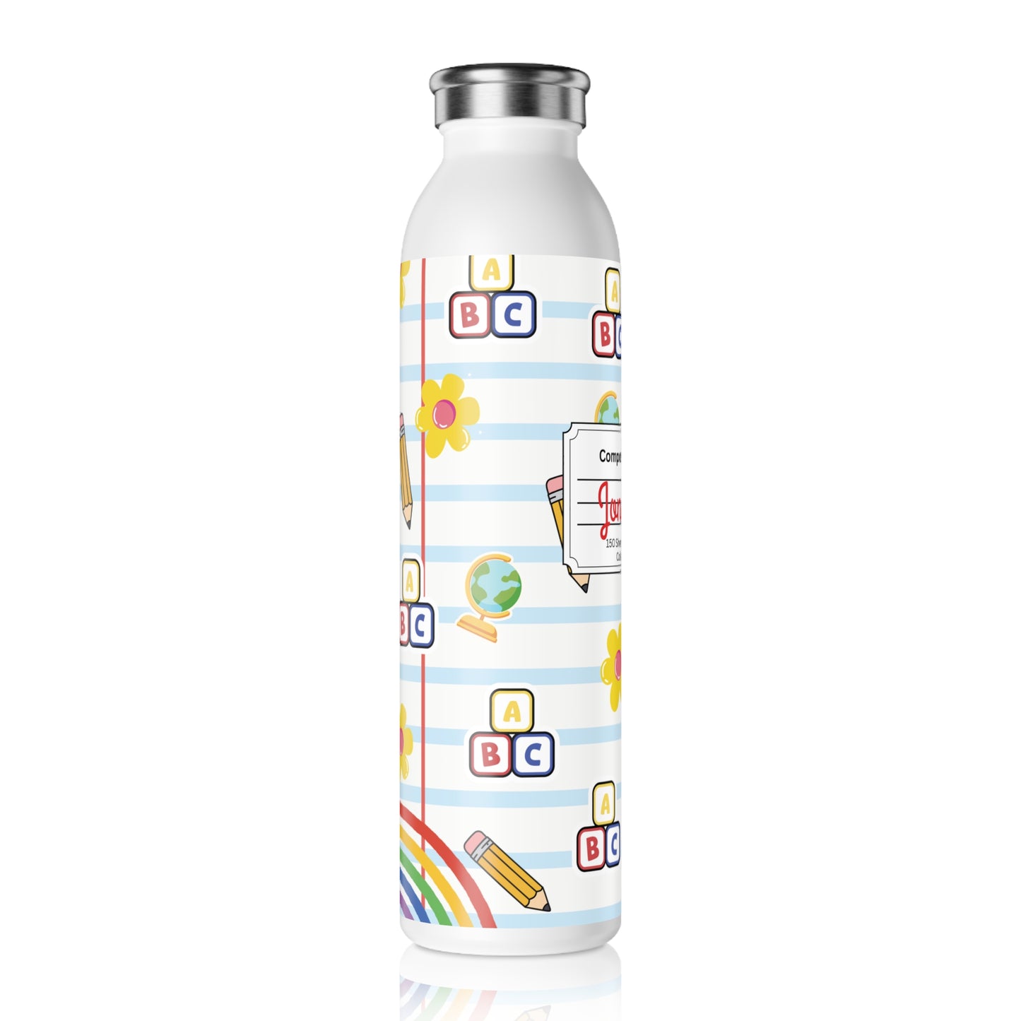Personalized White SchoolYard Chic Composition Book Inspired Slim Water Bottle, Customizable Drinkware, Eco-Friendly Hydration Bottle, Perfect for Gifts, School Supplies, Back to School