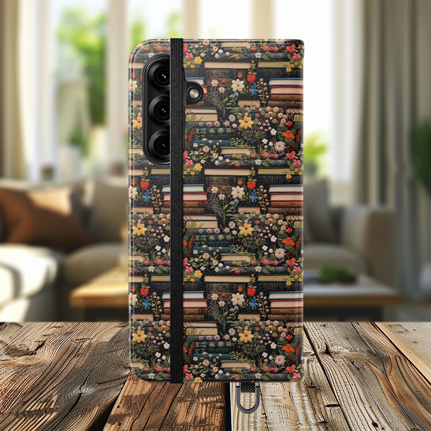 Book Stack Floral Flip iPhone and Samsung Phone Case — Vintage Library Wallet Cover.