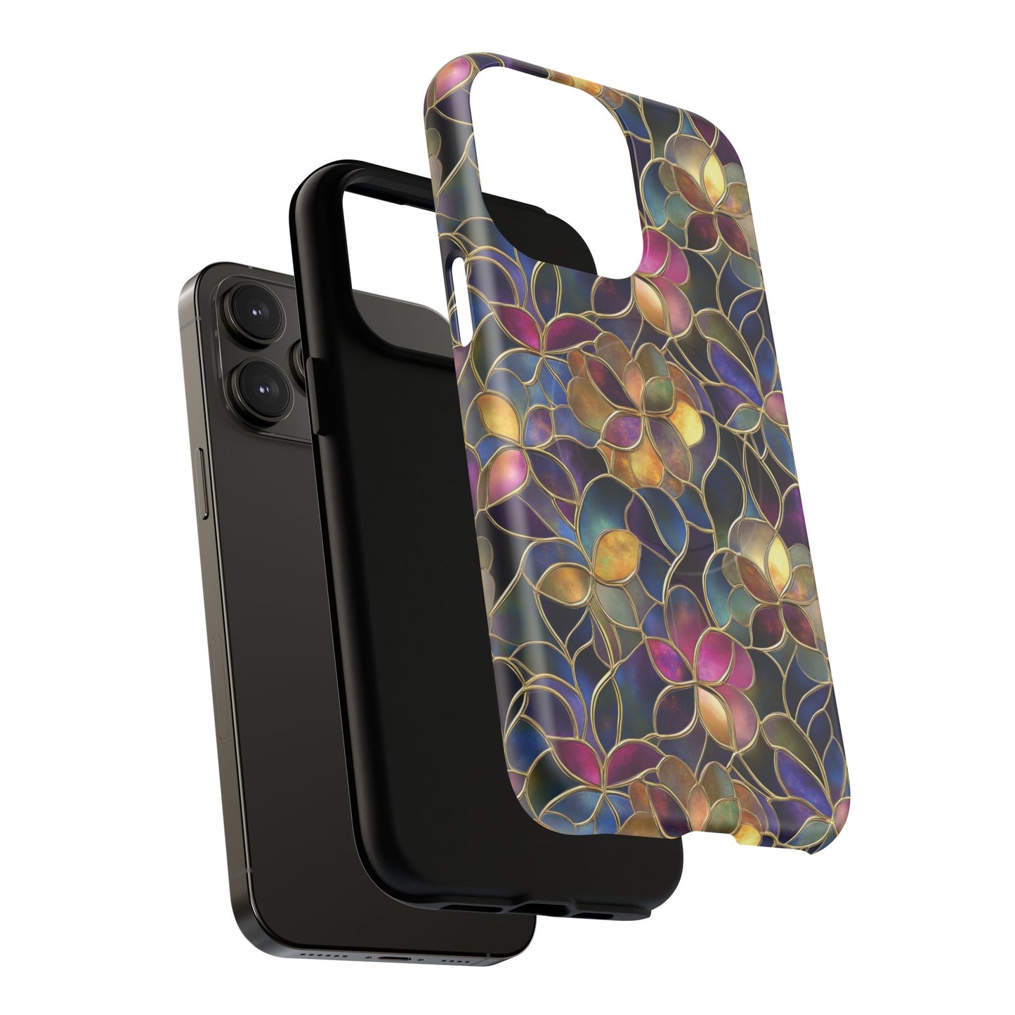Chromatic Bloom Tough iPhone Magnetic Case, Tough iPhone Cover, Floral iPhone Accessory, Birthday Gift, Elegant Tech Decor, MagSafe Stained Glass Pattern.