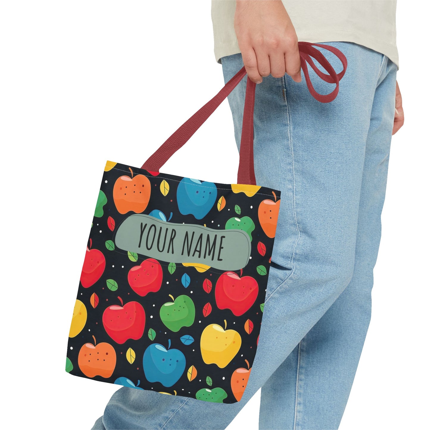 All-Over Apple Print Personalized Tote Bag — Durable Everyday Carry (3 Sizes, 5 Handle Colors)