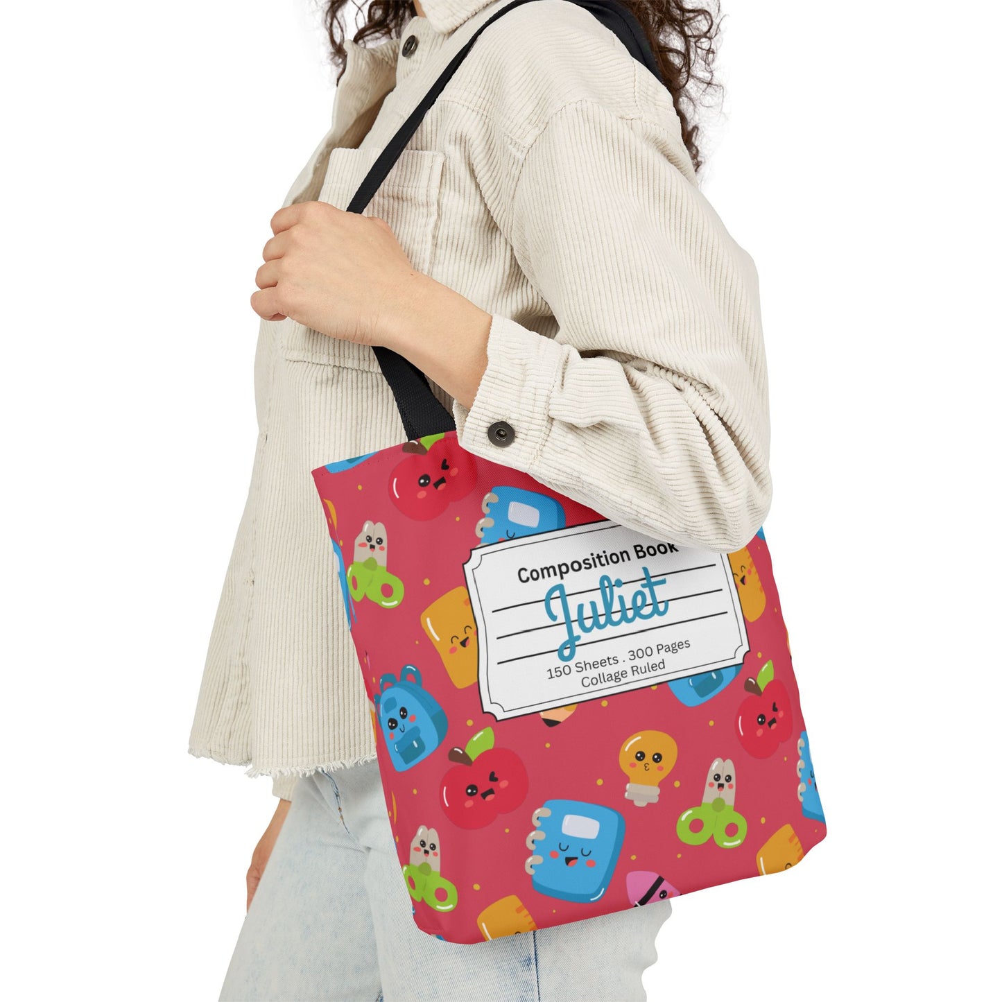 Personalized Kawaii Composition Book Inspired Canvas Tote Bag with Colorful Straps, Cute School Bag, Eco-Friendly Tote, Back to School Shopping Bag, Teacher Gift Idea