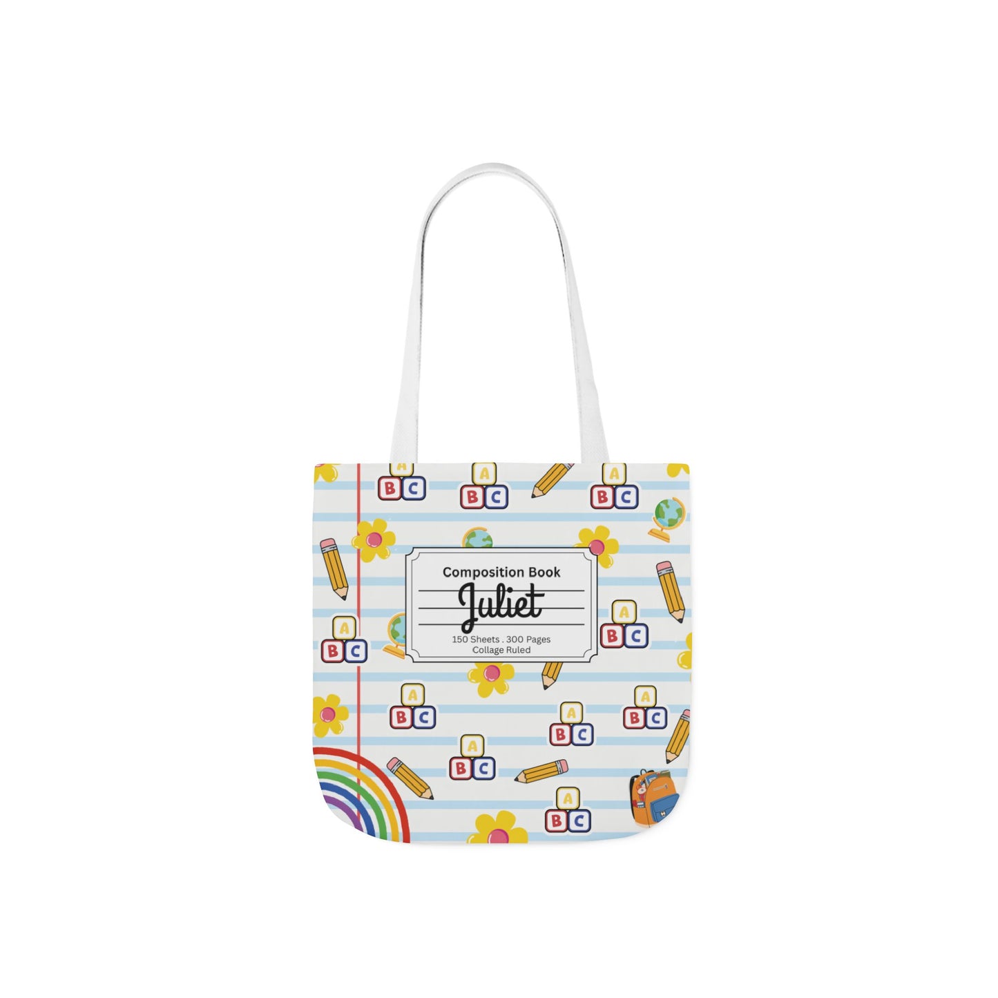 Personalized White Schoolyard Chic Composition Book Inspired Canvas Tote Bag with Colorful Straps, Cute School Bag, Eco-Friendly Tote, Back to School Shopping Bag, Teacher Gift Idea
