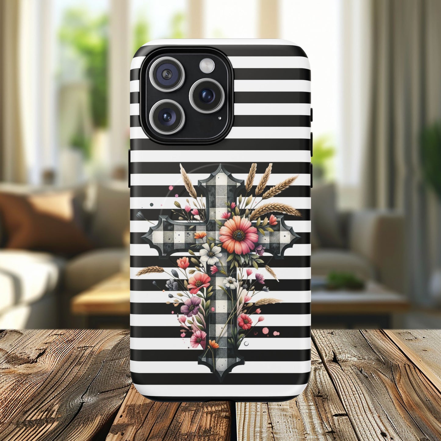 Grace in Bloom Tough Magnetic iPhone Case with Floral Cross Design, Boho iPhone Cover, Striped iPhone Case, Unique Religious Gift, Trendy Cell iPhone Accessory.