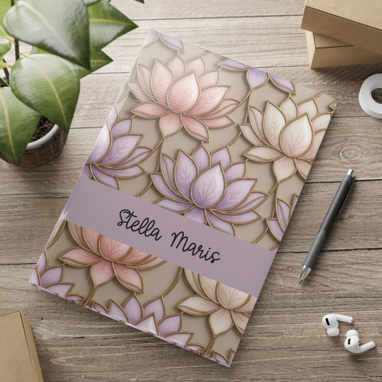 Personalized Stained Glass Lotus Blossom Hardcover Notebook — Custom Name and Affirmation Puffy Cover Journal.