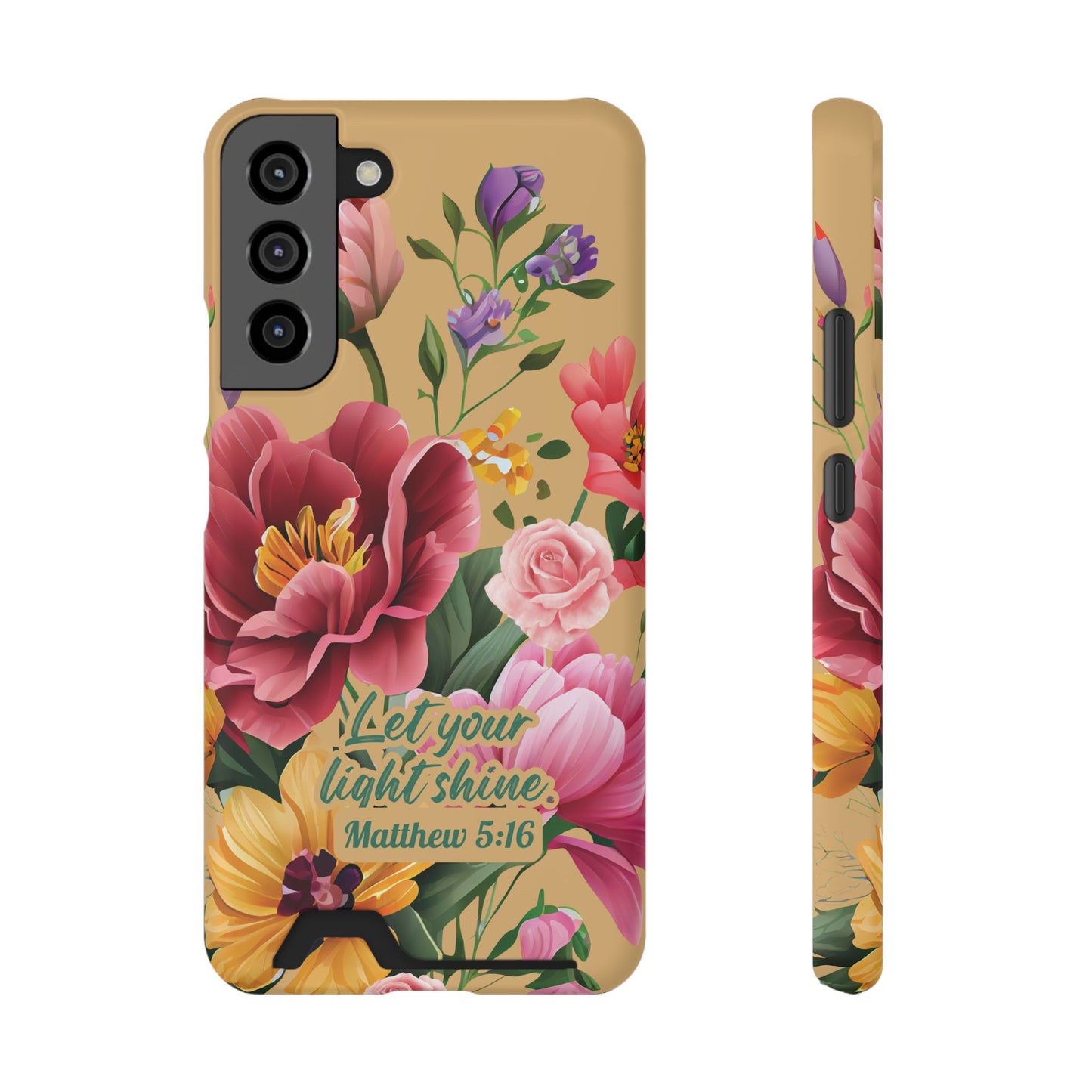 Floral Bible Verse Phone Case with Card Holder — "Let Your Light Shine" (Matthew 5:16)