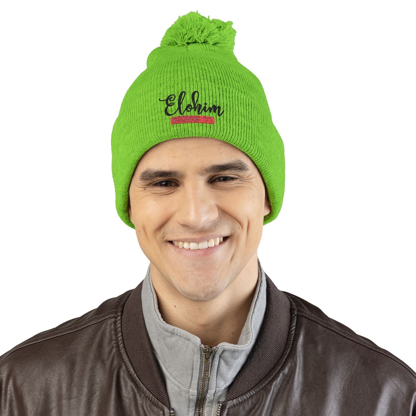 Pom-Pom Knit Cap with 'ELOHIM, GENESIS 1:1'  Embroidery Beanie - Stylish Winter Accessory for All Ages, Perfect Gift for Birthdays, Holidays, and Outdoor Activities