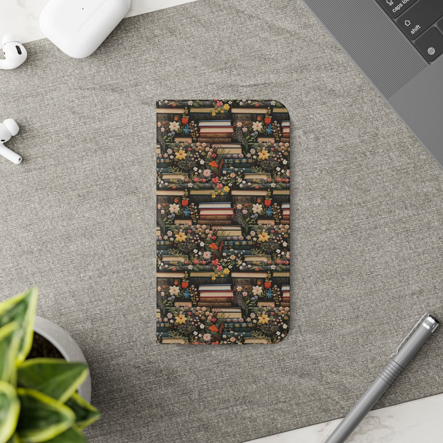 Book Stack Floral Flip iPhone and Samsung Phone Case — Vintage Library Wallet Cover.