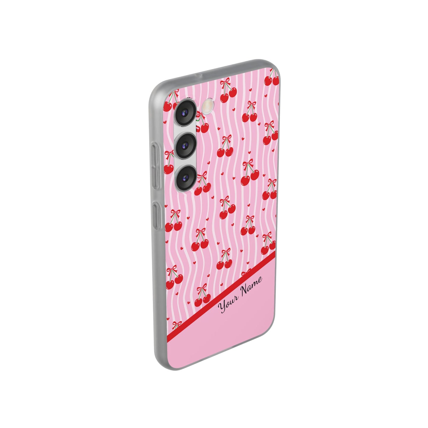 Personalized Cherry Blossom Dreams Flexi Case — Pink Retro Cherry iPhone® 7/8, 11, 12, 13, 14, 15, 16, 17, X/XS, SE, XR, Mini, Pro, Pro Max, Plus Cases.