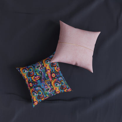 Psychedelic Visions Vibrant Art Square Pillow - Colorful Faces Design on Pink Back