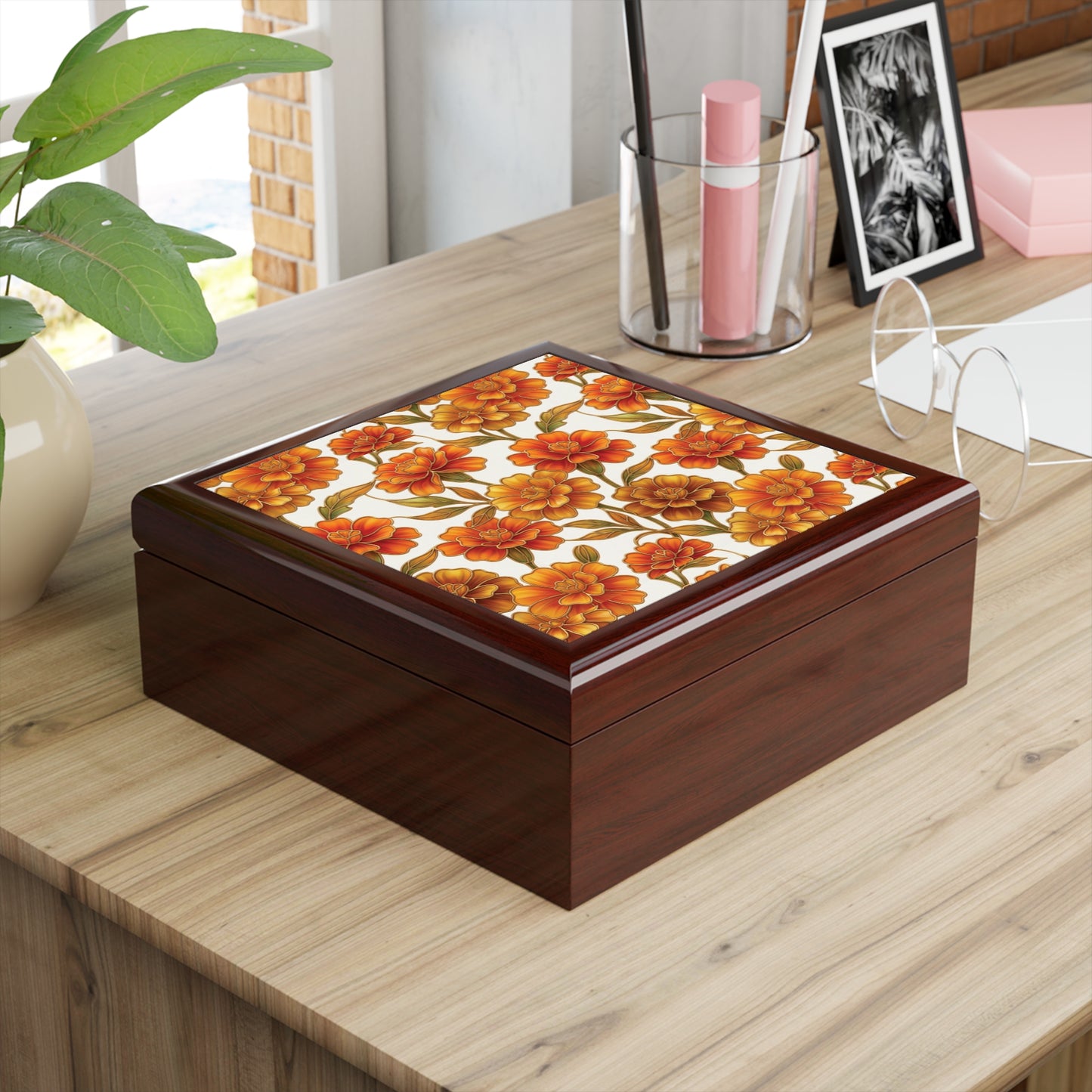 Stained Glass Marigold Floral Jewelry Box —  Keepsake Box