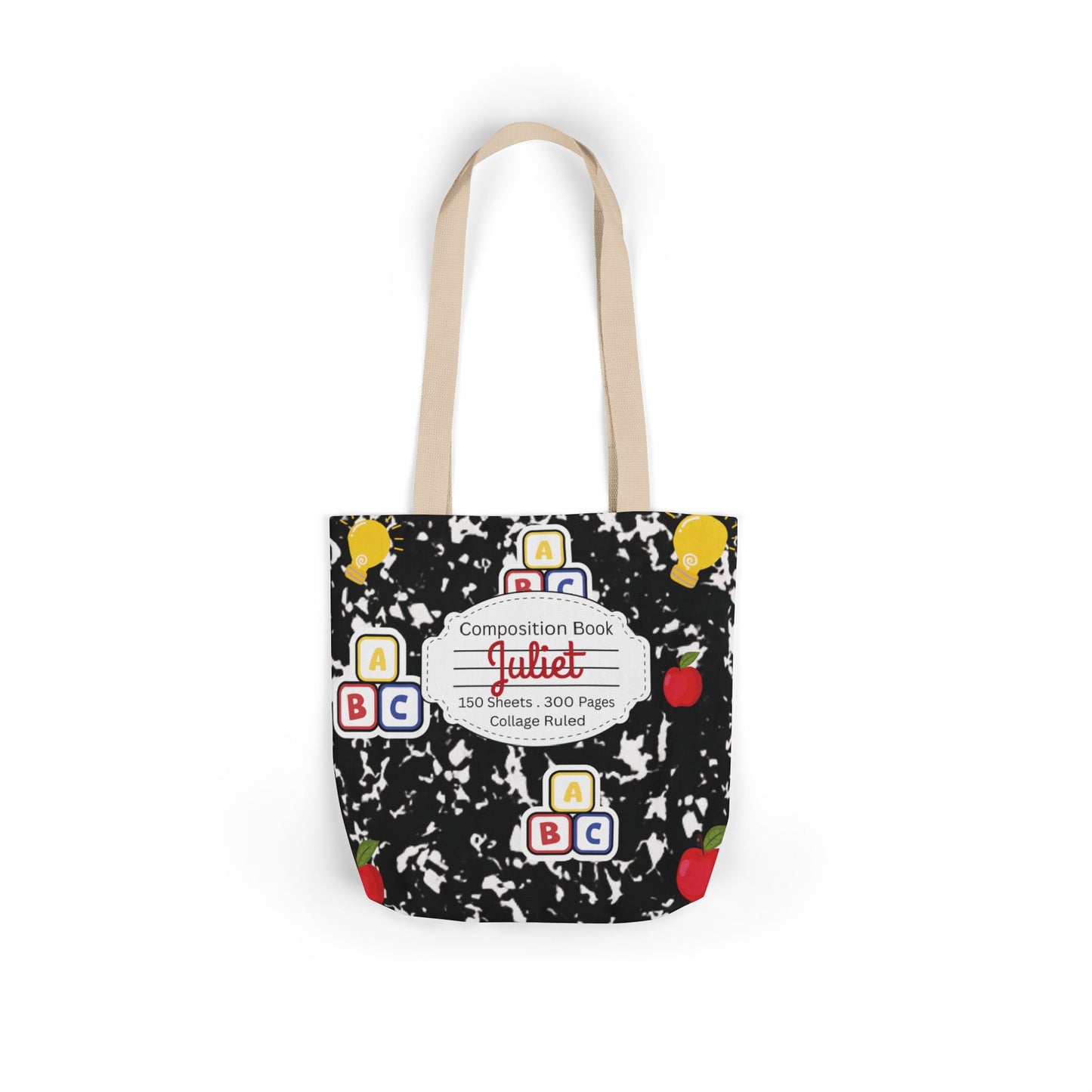 Personalized Black Composition Book Inspired Canvas Tote Bag with Colorful Straps, Cute School Bag, Eco-Friendly Tote, Back to School Shopping Bag, Teacher Gift Idea