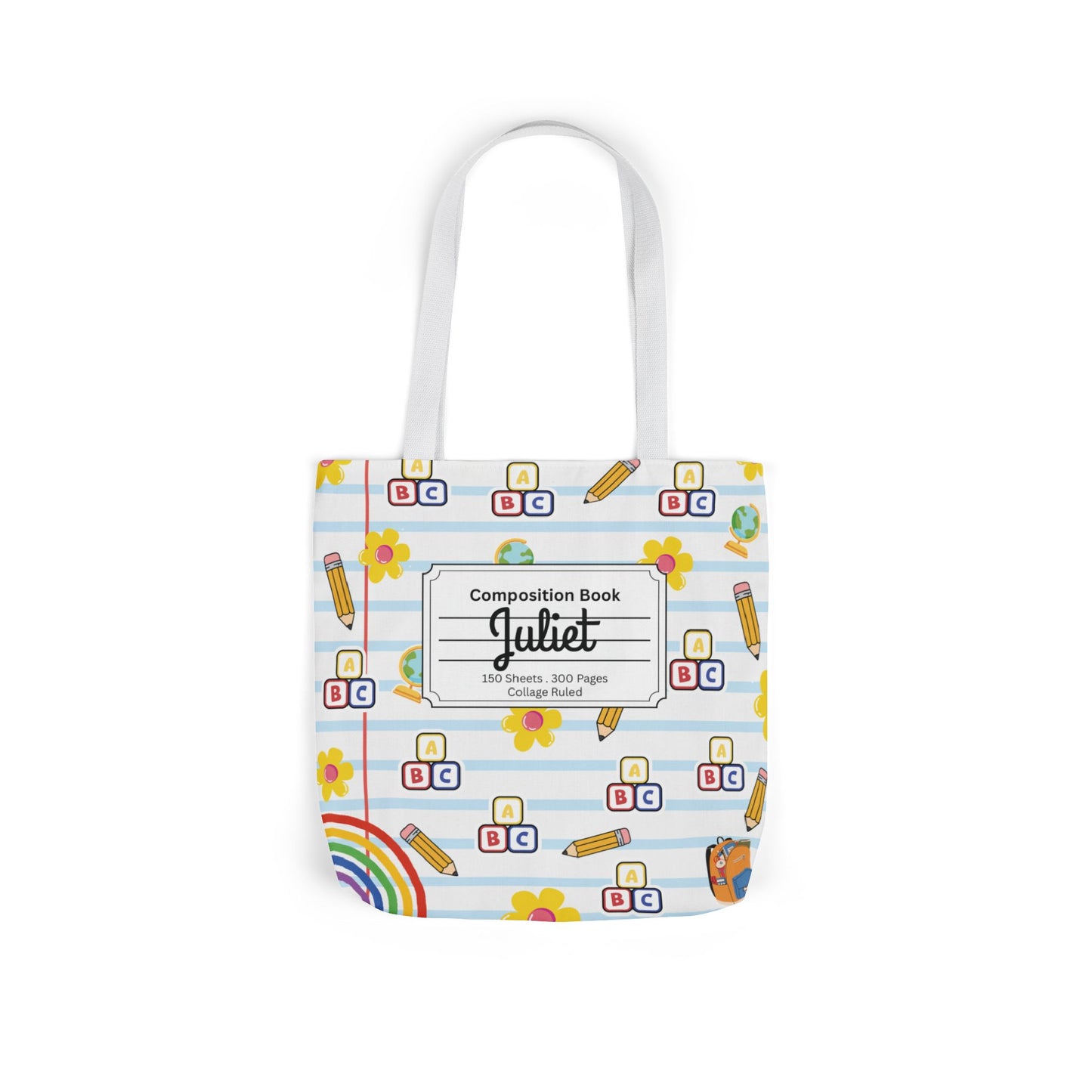 Personalized White Schoolyard Chic Composition Book Inspired Canvas Tote Bag with Colorful Straps, Cute School Bag, Eco-Friendly Tote, Back to School Shopping Bag, Teacher Gift Idea
