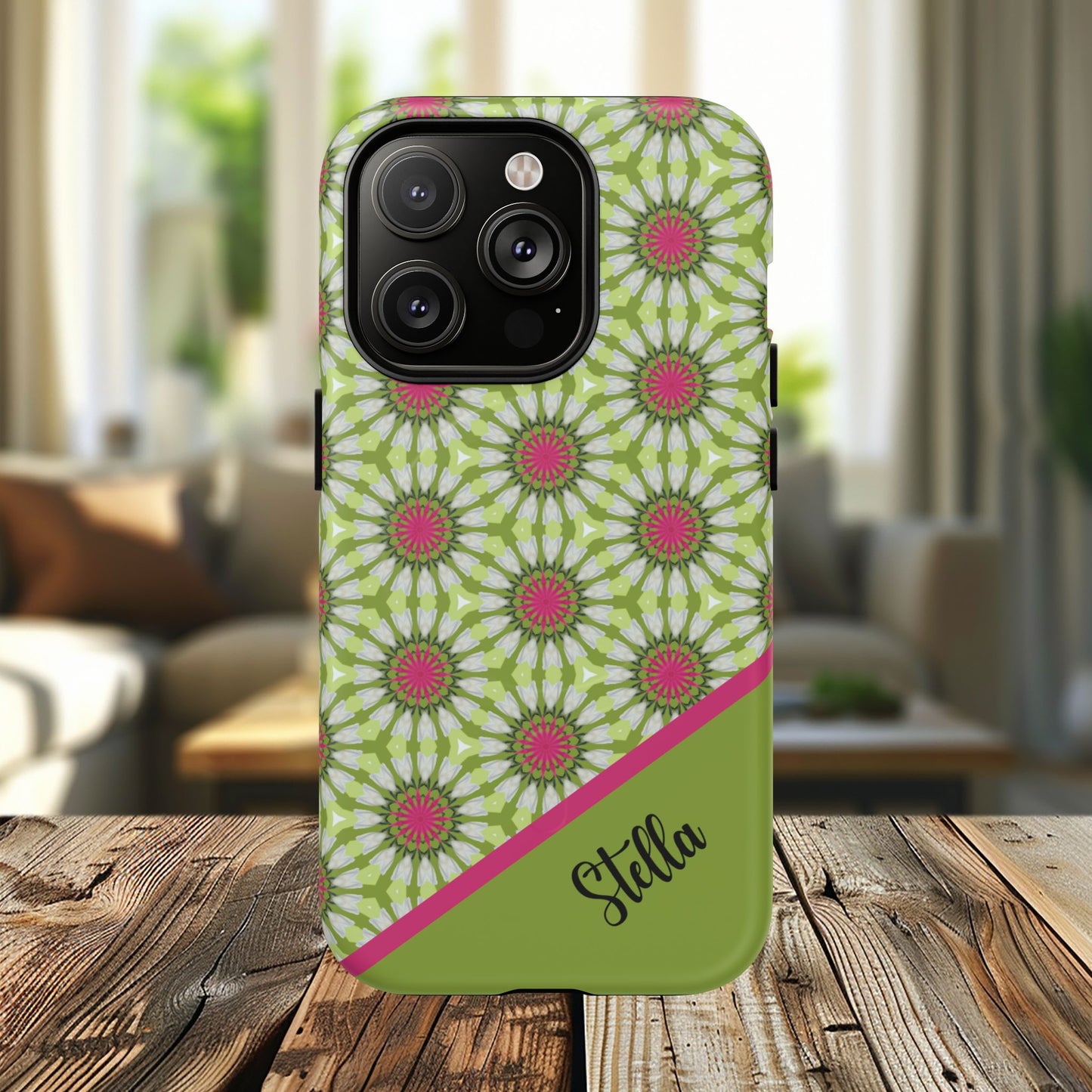 Personalized Meadow Mandala Bloom Vibrant Flower  — Green & Pink Geometric Daisy Design