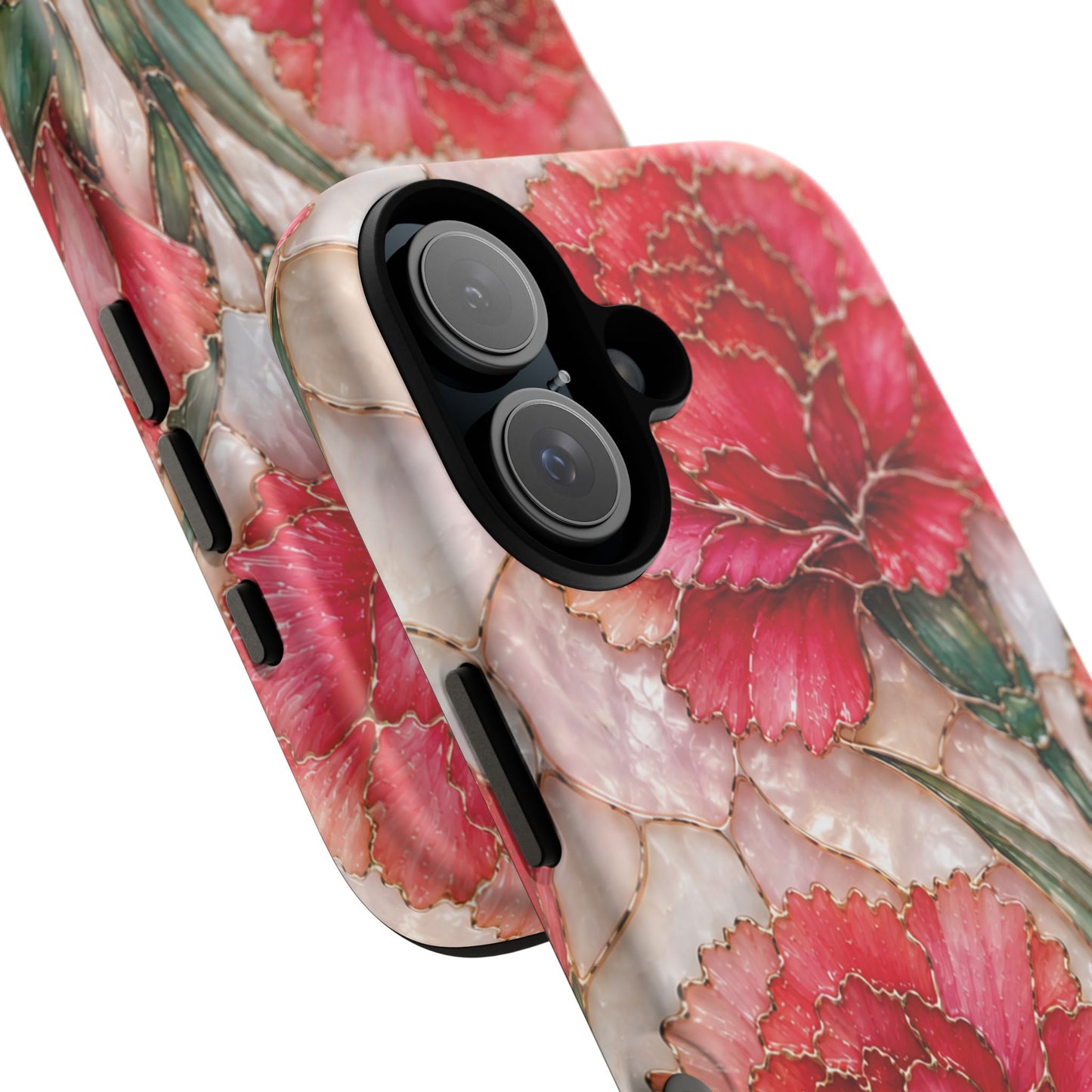 Stained Glass Effect Carnation Floral Tough Phone Case – Pink Vintage Botanical Protective Cover