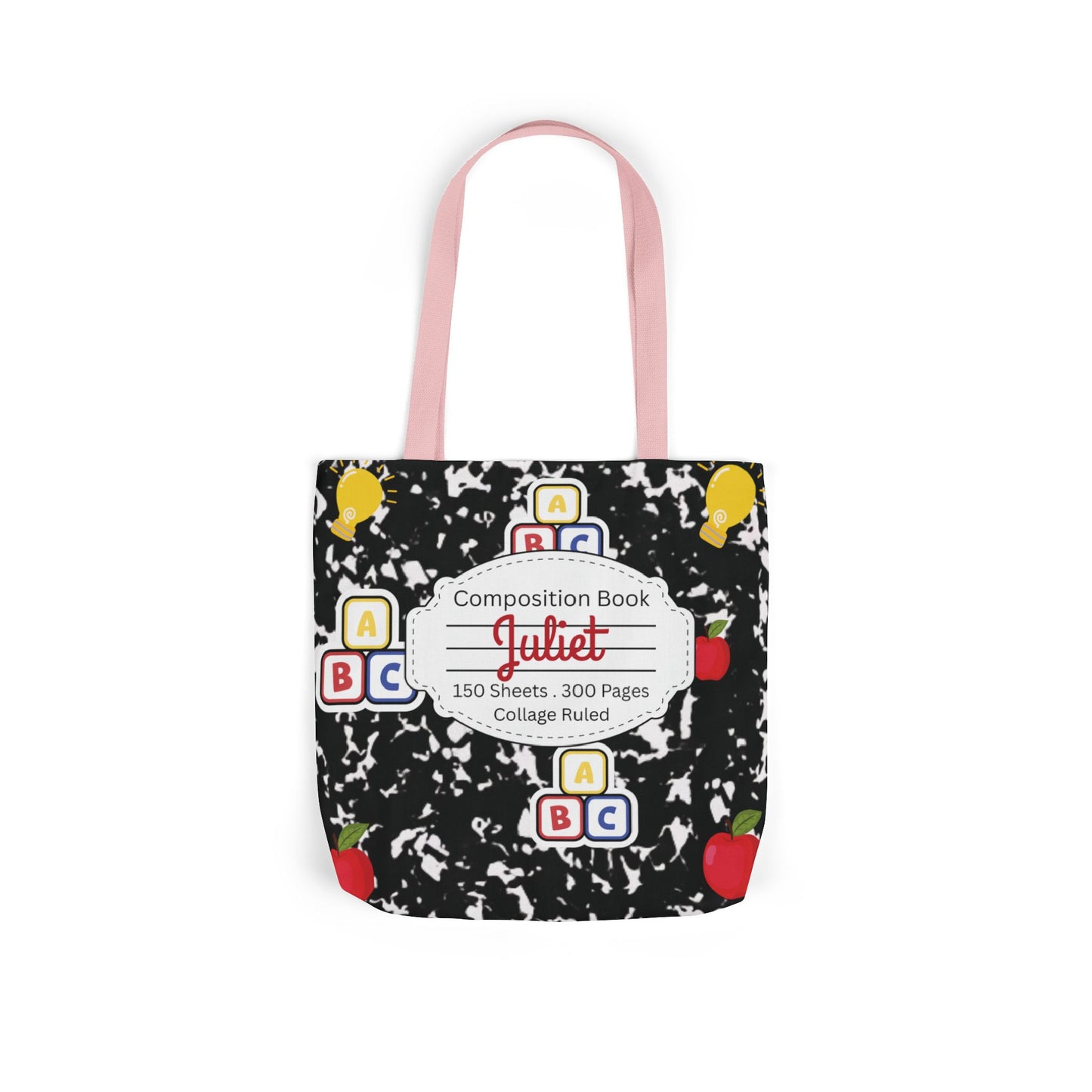 Personalized Black Composition Book Inspired Canvas Tote Bag with Colorful Straps, Cute School Bag, Eco-Friendly Tote, Back to School Shopping Bag, Teacher Gift Idea