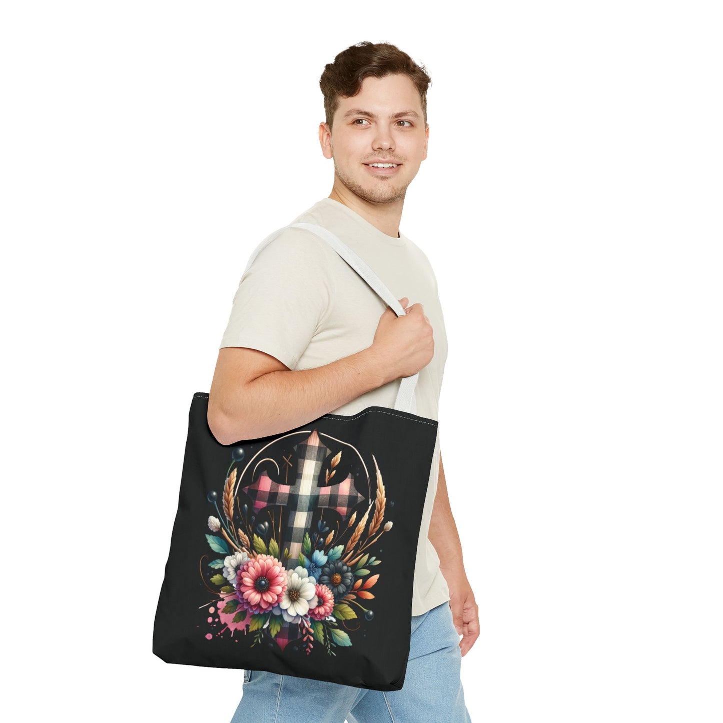 Faith and Floral Cross Heart Tote Bag