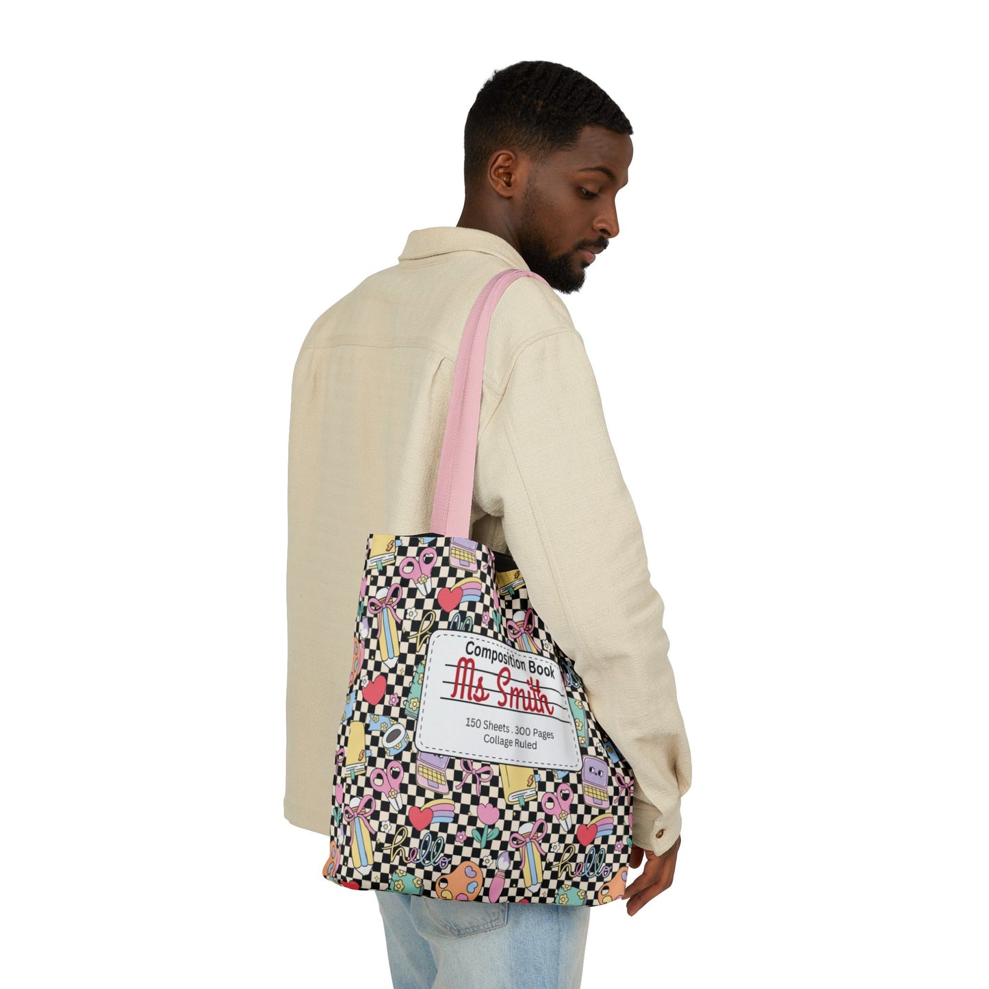 Personalized Black Doodle Daydream Composition Book Inspired Canvas Tote Bag with Colorful Straps, Cute School Bag, Eco-Friendly Tote, Back to School Shopping Bag, Teacher Gift Idea