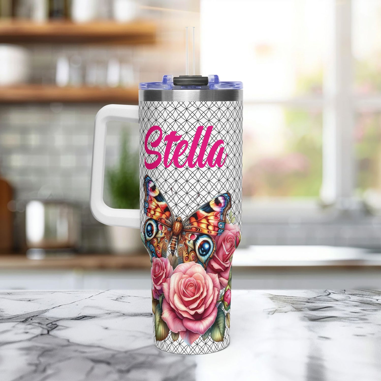 40oz Floral Butterfly Tumbler — Personalized "Name and Affirmation" Vacuum Insulated Cup