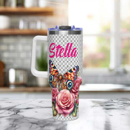 40oz Floral Butterfly Tumbler — Personalized "Name and Affirmation" Vacuum Insulated Cup