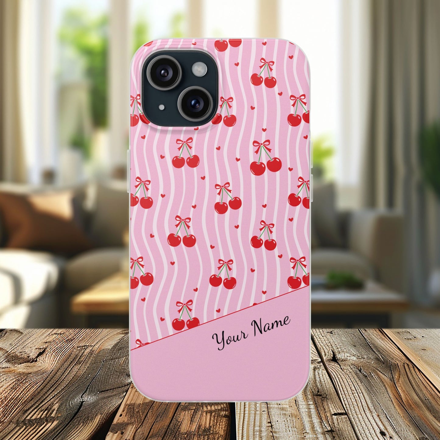 Personalized Cherry Blossom Dreams Flexi Case — Pink Retro Cherry iPhone® 7/8, 11, 12, 13, 14, 15, 16, 17, X/XS, SE, XR, Mini, Pro, Pro Max, Plus Cases.