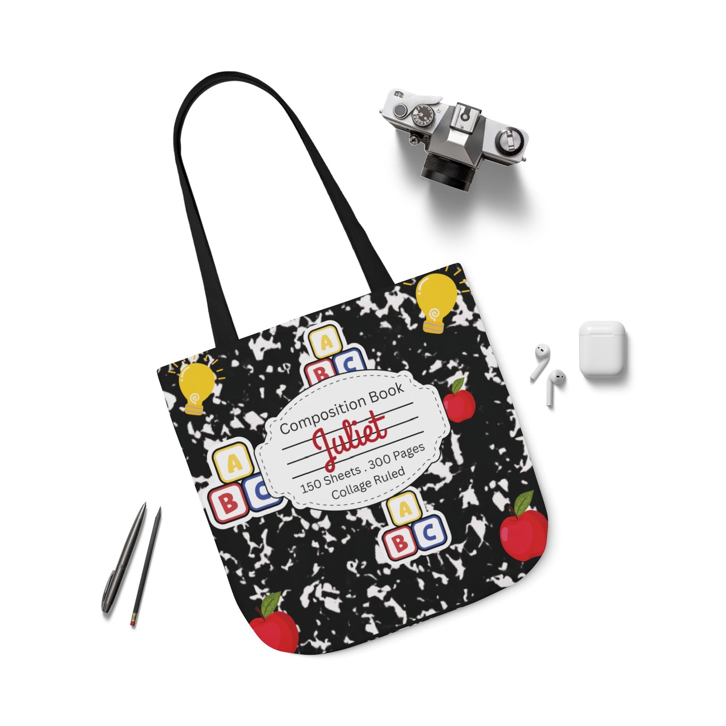 Personalized Black Composition Book Inspired Canvas Tote Bag with Colorful Straps, Cute School Bag, Eco-Friendly Tote, Back to School Shopping Bag, Teacher Gift Idea