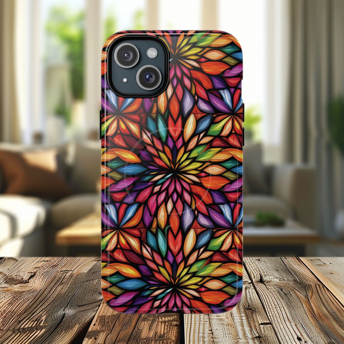 Prism Bloom Tough iPhone Magnetic Case, Stained Glass  MagSafe Cases, iPhone Accessory, Floral Design, Unique Gift, iPhone Protection