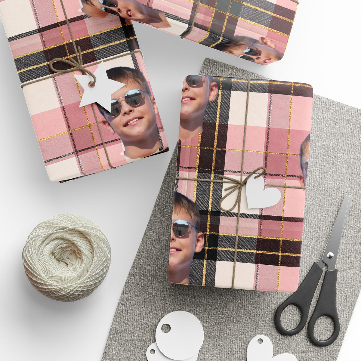 Personalized Image Plaid Wrapping Paper Roll — Pink Tartan Gift Wrap