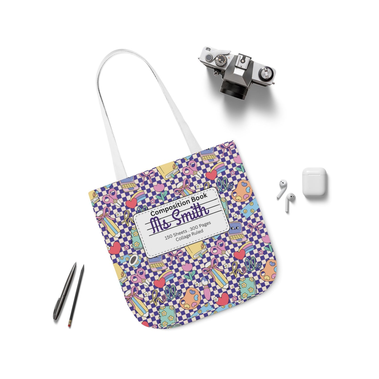 Personalized Purple Doodle Daydream Composition Book Inspired Canvas Tote Bag with Colorful Straps, Cute School Bag, Eco-Friendly Tote, Back to School Shopping Bag, Teacher Gift Idea