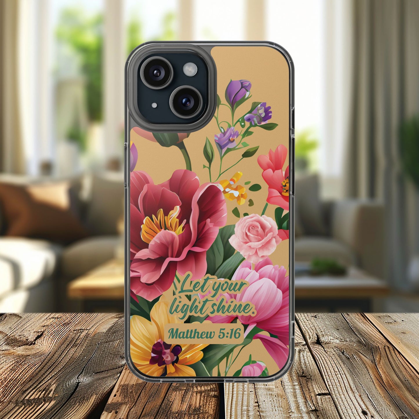 Clear Floral Bible Verse Phone Case — "Let Your Light Shine" (Matthew 5:16) for iPhone and Samsung Cases.