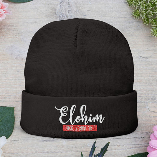Stylish Knit Beanie with 'ELOHIM, Genesis 1:1' Embroidery, Winter Accessory, Religious Gift, Cozy Beanie Cap, Faith-Inspired Fashion