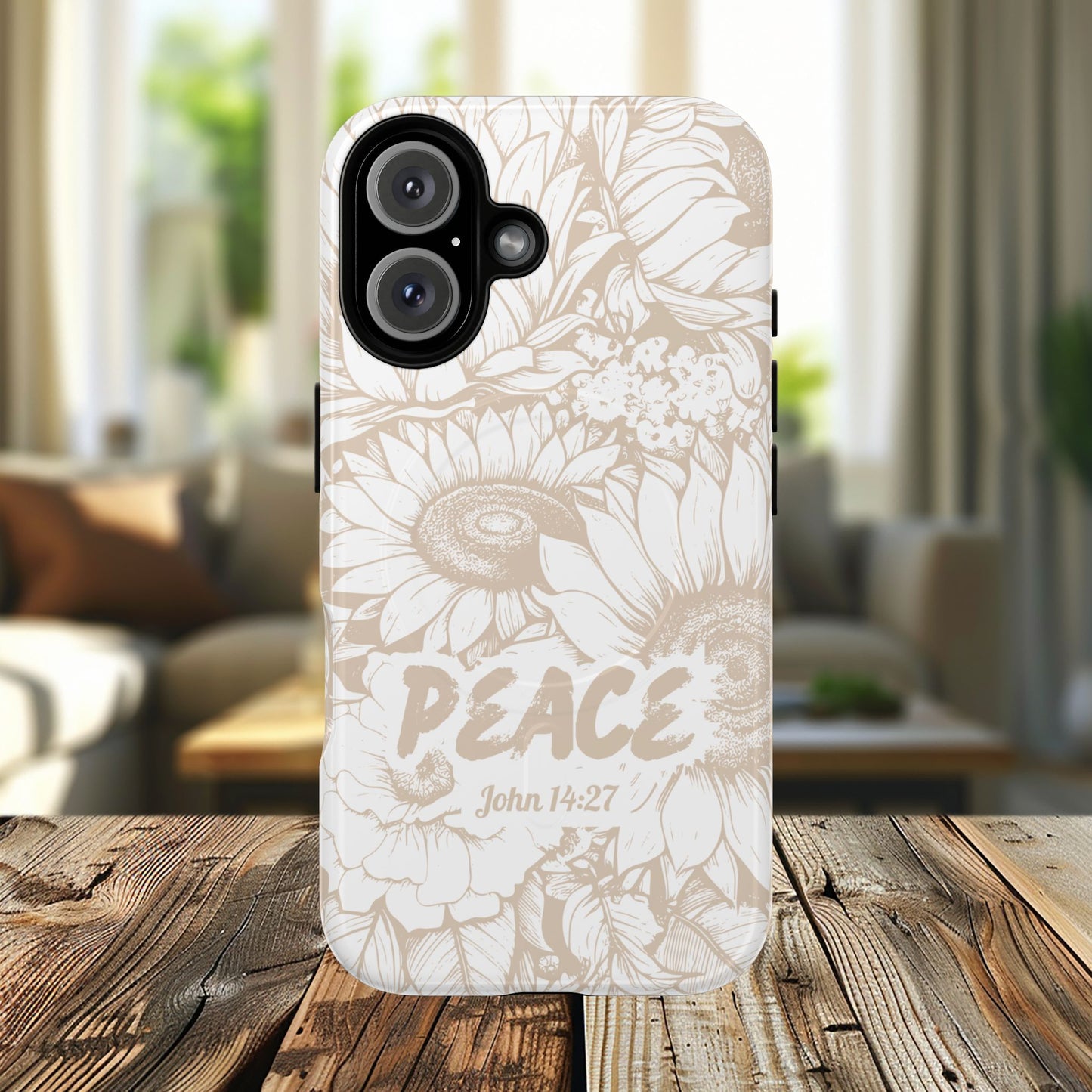 Peace I Leave with You John 14:27, Inspirational Gift, Tough iPhone Magnetic Case Scripture, Sunflower Bible Verse, MagSafe® iPhone® Tough Case, iPhone 14, iPhone 15, iPhone 16, Pro, Pro Max, Plus.