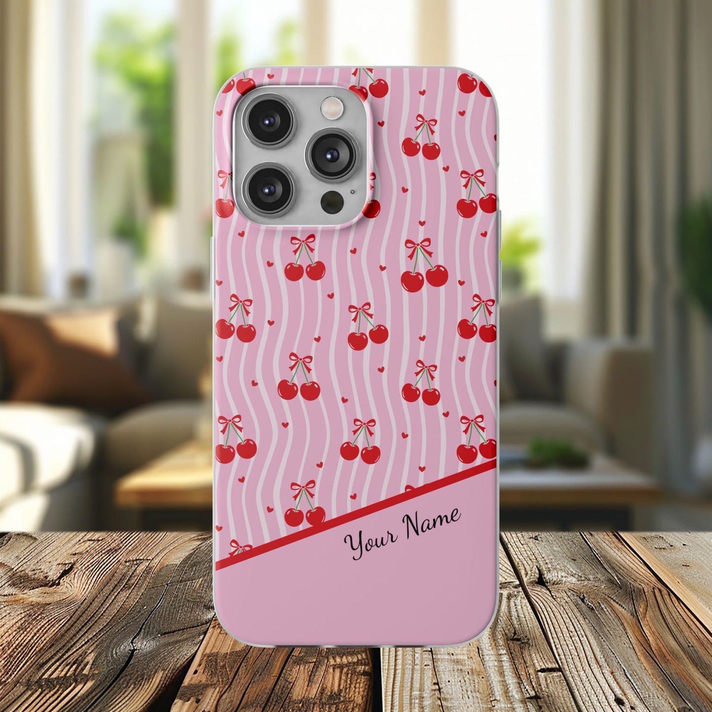 Personalized Cherry Blossom Dreams Flexi Case — Pink Retro Cherry iPhone® 7/8, 11, 12, 13, 14, 15, 16, 17, X/XS, SE, XR, Mini, Pro, Pro Max, Plus Cases.